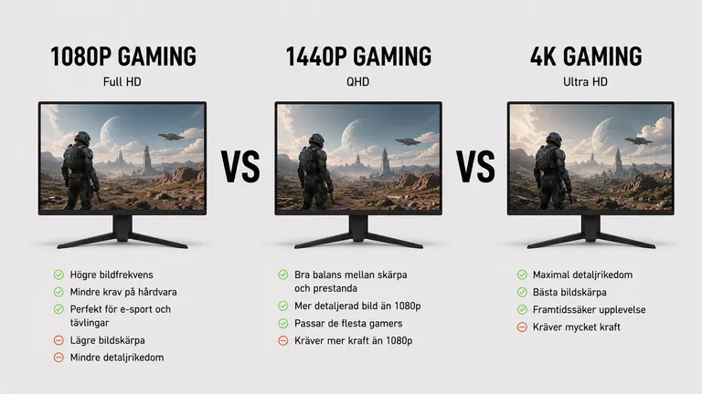 1080p Full HD jämfört med 1440p QHD och 4K Ultra HD för gaming — upplösning bildfrekvens GPU-krav 2026