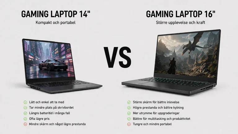 14 tum gaming-laptop jämfört med 16 tum gaming-laptop — kompakt portabel mot större skärm kylning 2026