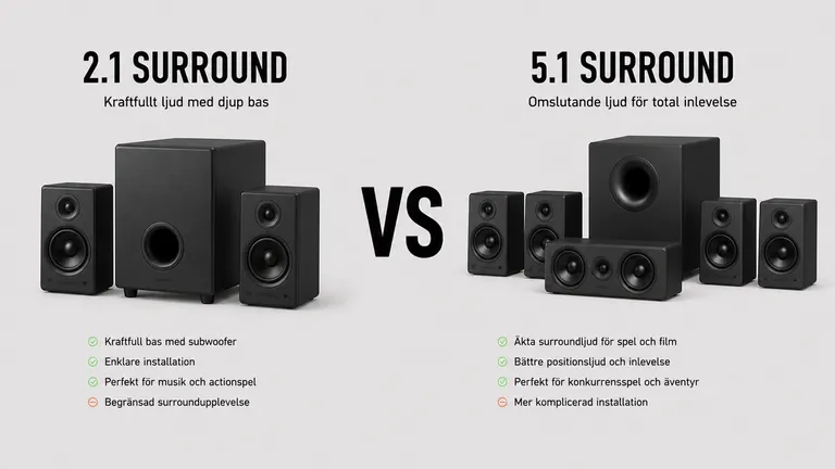 2.1 stereo gaminghögtalare med subwoofer jämfört med 5.1 surround-uppsättning — subwoofer center bakhögtalare 2026