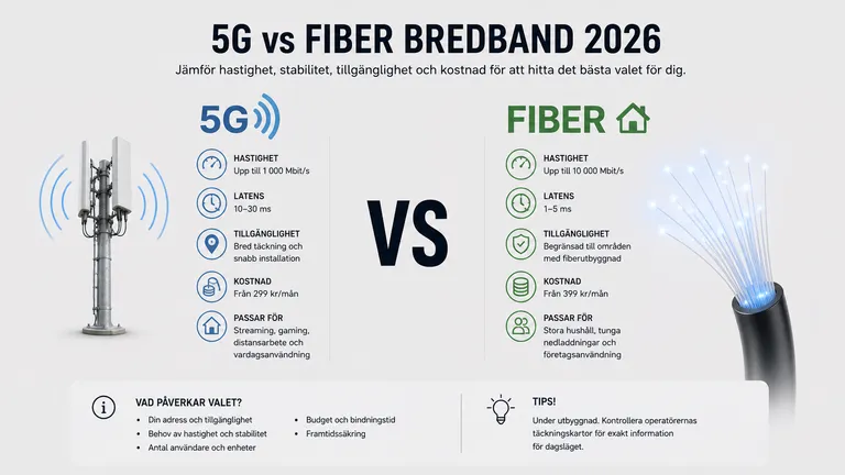 Jämförelsegrid med 5G-mast vs fiberoptisk kabel — hastighet latens uppladdning bredband 2026