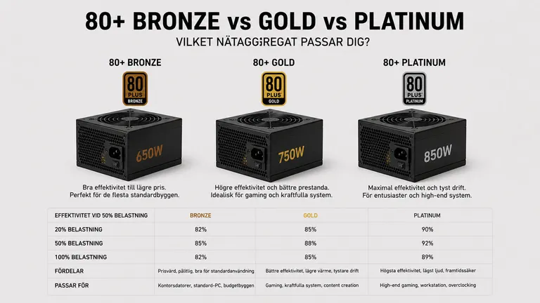80+ Bronze 650W jämfört med Gold 750W och Platinum 850W nätaggregat — verkningsgrad gaming-PSU certifiering 2026