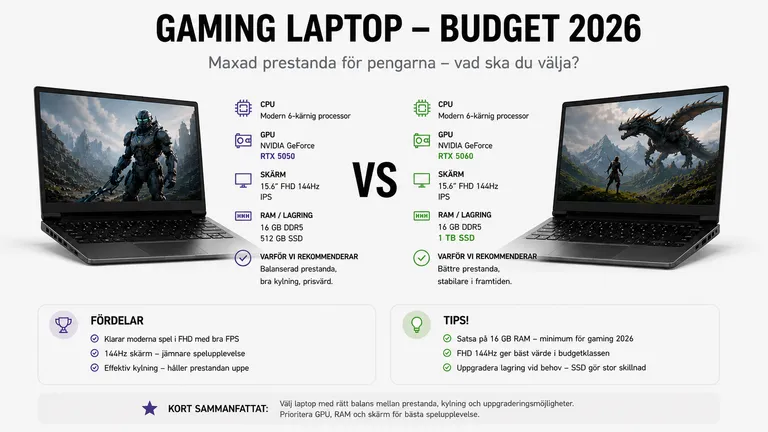RTX 5050 vs RTX 5060 jämförelsegrid — budget gaming laptop 2026, Blackwell entry mot mellansteget