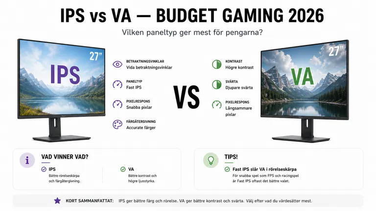 IPS-panel mot VA-panel i 27-tums VS-grid med spec-tabell — budget IPS gaming-skärm 2026, Fast IPS vs VA