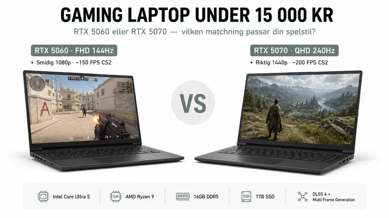RTX 5060 vs RTX 5070 jämförelsegrid — gaming laptop under 15000 kr 2026, FHD 144Hz vs QHD 240Hz