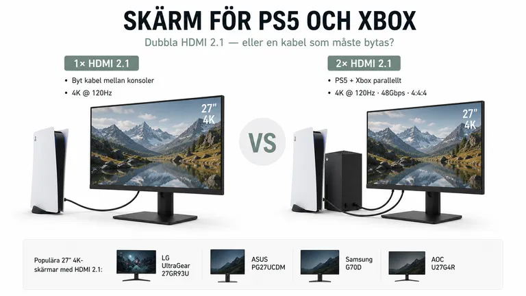 VS-grid 1× HDMI 2.1 mot 2× HDMI 2.1 — gaming-skärm PS5 Xbox 2026, 4K 120Hz multi-konsol