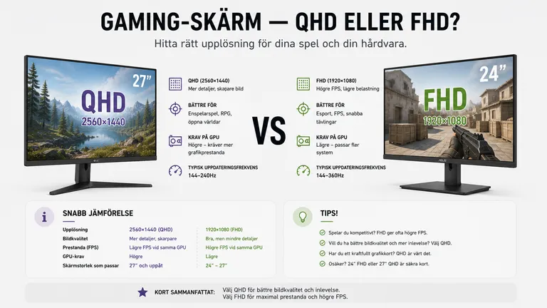 QHD vs FHD jämförelsegrid — gaming-skärm under 3000 kr, 1440p eller 1080p budget 2026