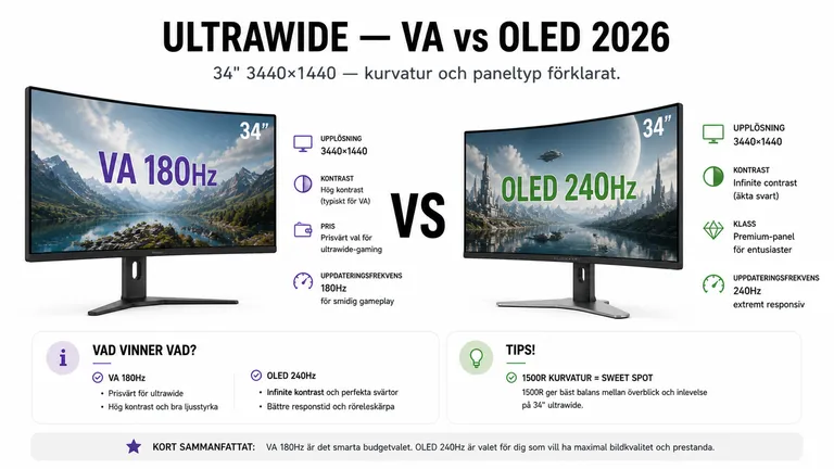 34-tums ultrawide VA mot W-OLED i VS-grid med kontrast- och Hz-jämförelse — ultrawide gaming-skärm 2026, VA vs OLED 3440x1440