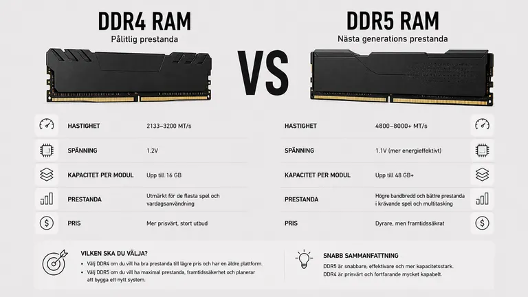 DDR4 RAM-modul jämfört med DDR5 RAM-modul — bandbredd MT/s spänning kapacitet AM5 LGA 1851 2026