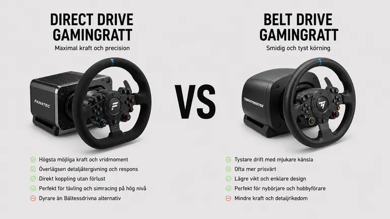 Direct drive-gamingratt från Fanatec jämfört med belt drive Thrustmaster T-serien — sim racing force feedback 2026