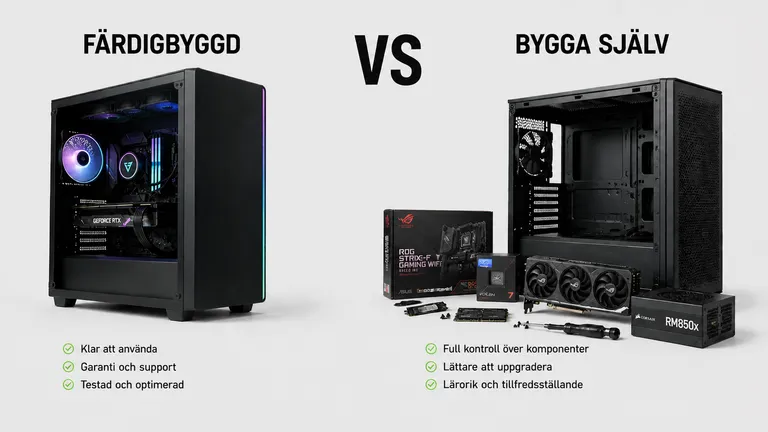 Färdigbyggd RGB-gamingdator mot komponentbygge med chassi och kylare — gaming-PC val 2026