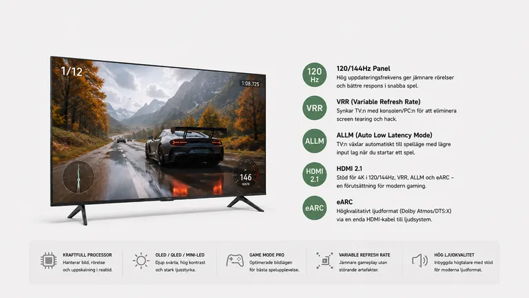 Gaming-TV teknik — paneltyper HDMI 2.1 HDR-format 2026