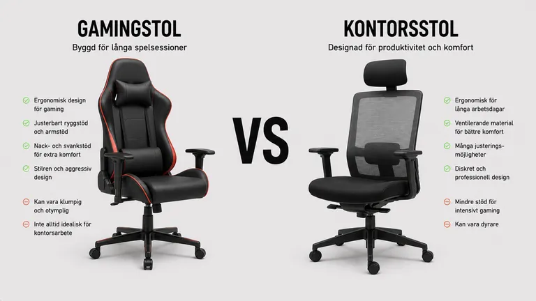 Gamingstol med racing-design jämfört med ergonomisk kontorsstol med mesh-rygg — lumbarstöd komfort 8 timmar 2026
