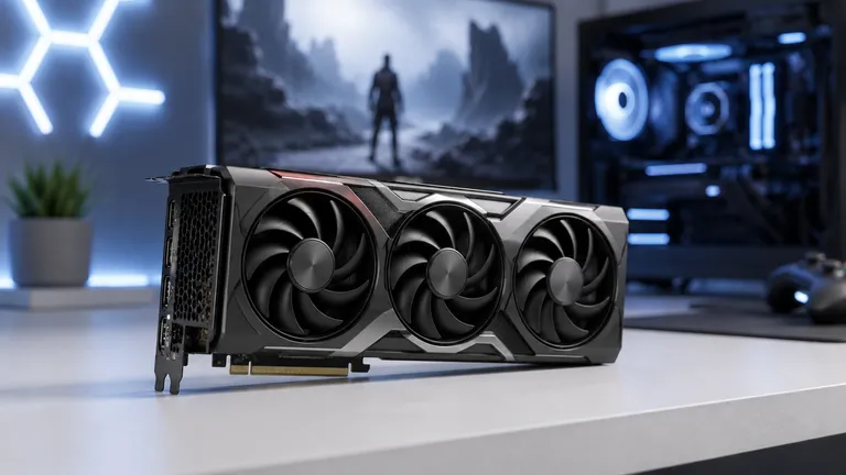 Triple-fan gaming-grafikkort framför gaming-rigg, VRAM DLSS raytracing 2026
