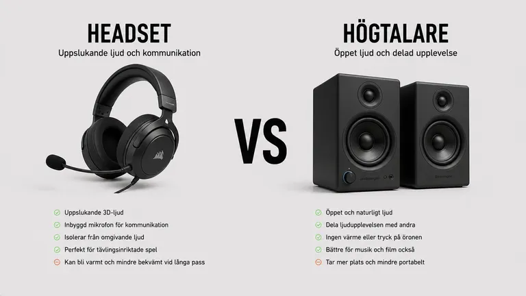 Gaming-headset från Corsair jämfört med stereo-gaminghögtalare — positionsljud singleplayer 2026