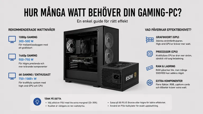 Wattage-guide gaming-PC — 850W nätaggregat med rekommendationer för 1080p 1440p 4K-byggen RTX 5060 till 5090 2026