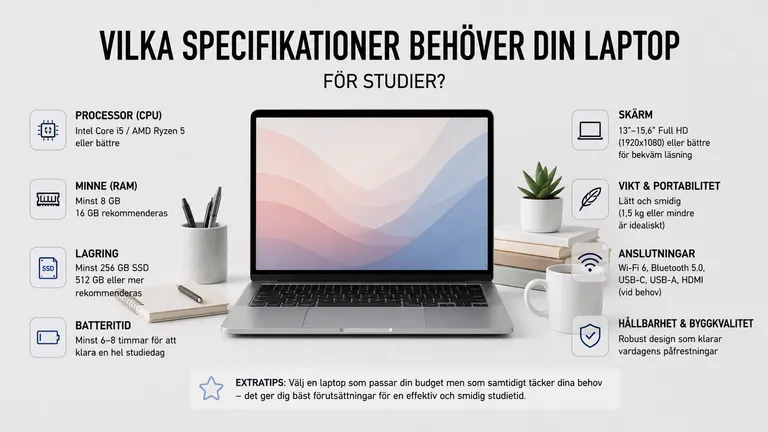 Specifikations-guide för studielaptop — Core i5 Ryzen 5 16GB RAM 512GB SSD skärm batteri portabilitet 2026