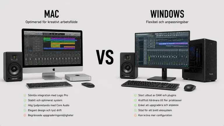 Mac med Logic Pro jämfört med Windows-PC med DAW — musikproduktion plug-ins low latency Apple Silicon 2026
