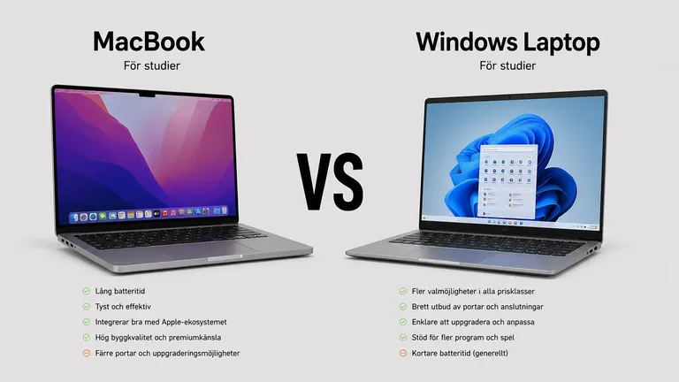 MacBook med macOS jämfört med Windows-laptop för studier — batteritid programkompatibilitet pris 2026