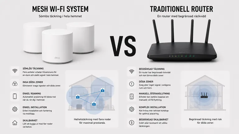 Mesh WiFi-system med flera noder jämfört med traditionell router — sömlös täckning roaming villa lägenhet 2026