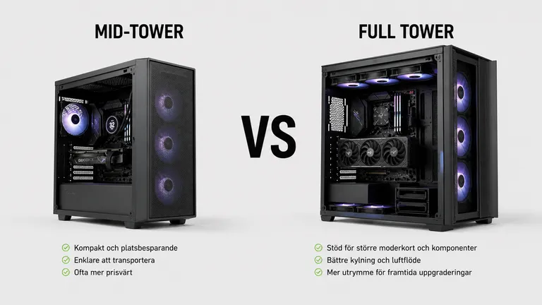 Mid-tower-chassi jämfört med full tower-chassi för gaming-PC — radiatorstöd GPU-clearance moderkort 2026