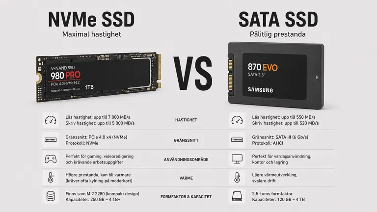 Samsung 980 PRO NVMe M.2-SSD jämfört med Samsung 870 EVO SATA SSD — PCIe Gen4 läs- och skrivhastighet 2026