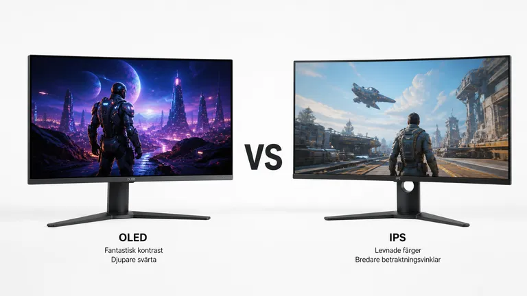 OLED-skärm med djup svärta jämförs mot IPS-skärm med bredare betraktningsvinklar — gamingskärm paneltyp 2026