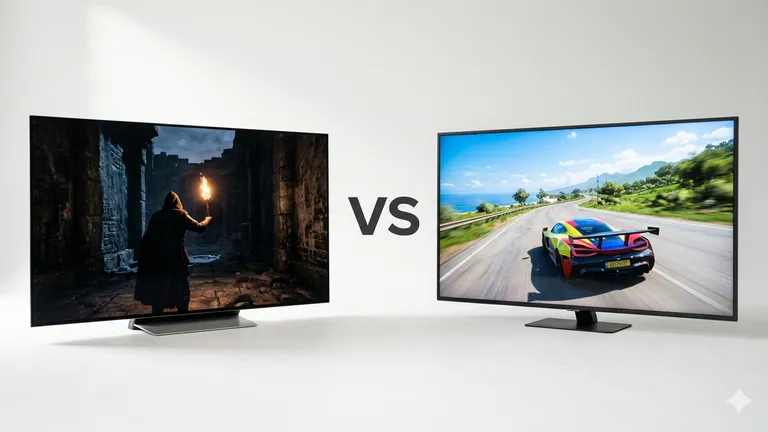 OLED-TV med mörk grottscen mot QLED-TV med ljus racing — gaming-TV paneltyp för PS5 och Xbox 2026