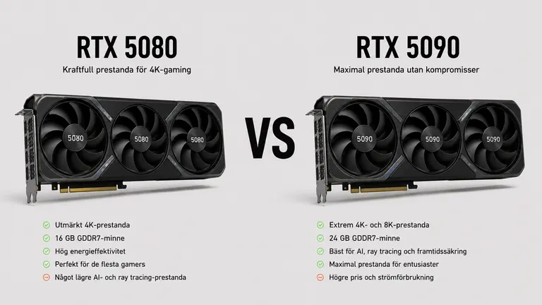 RTX 5080 grafikkort jämfört med RTX 5090 grafikkort — NVIDIA 16GB mot 24GB GDDR7 4K ray tracing 2026