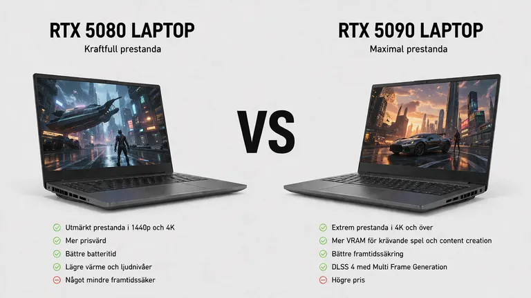 RTX 5080 gaming-laptop jämfört med RTX 5090 gaming-laptop — NVIDIA mobil GPU prestanda VRAM 2026