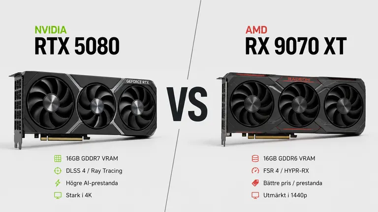 NVIDIA RTX 5080 mot AMD RX 9070 XT med spec-jämförelse — grafikkort för gaming 2026