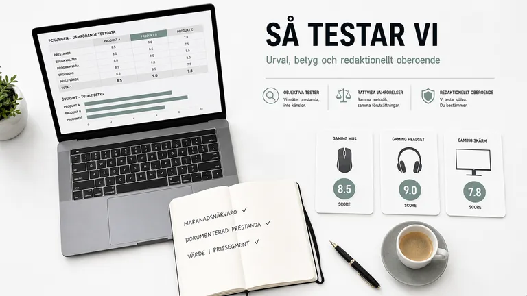 Editor's-desk flat-lay med laptop och spec-cards — PCKungens testmetodik 2026, urval betyg oberoende