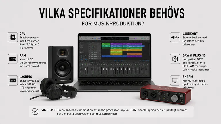 Specifikations-guide för musikproduktion — CPU 8 kärnor 32GB RAM NVMe SSD ljudkort skärm DAW plug-ins 2026
