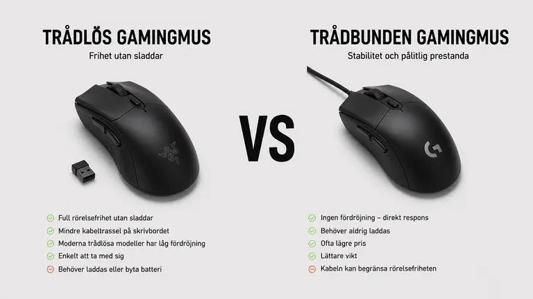 Trådlös gamingmus från Razer jämfört med trådbunden Logitech-mus — gamingmus 2.4GHz latens vikt FPS 2026
