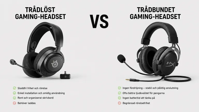 Trådlöst gaming-headset från SteelSeries jämfört med trådbundet HyperX-headset — gaming-headset 2.4GHz latens komfort 2026