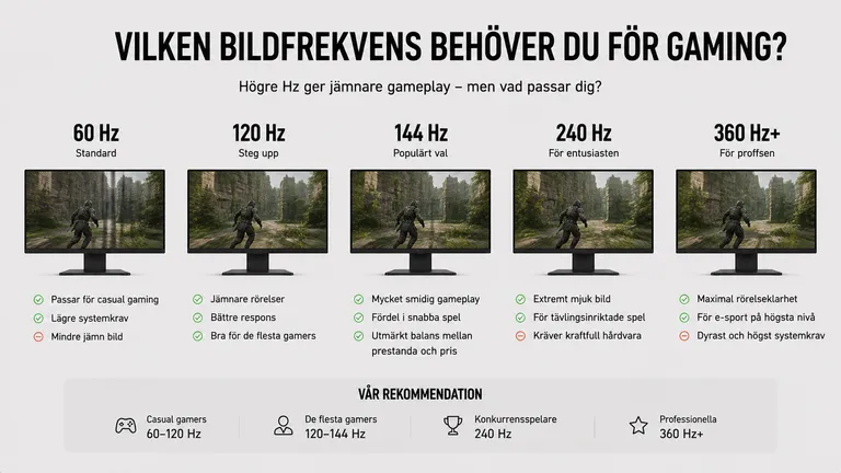 Bildfrekvensjämförelse 60Hz, 120Hz, 144Hz, 240Hz och 360Hz för gaming — Hz FPS rekommendation per genre 2026