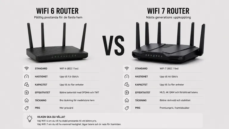 WiFi 6 router jämfört med WiFi 7 router — Wi-Fi 6E 6GHz MLO 320MHz nästa generations uppkoppling 2026